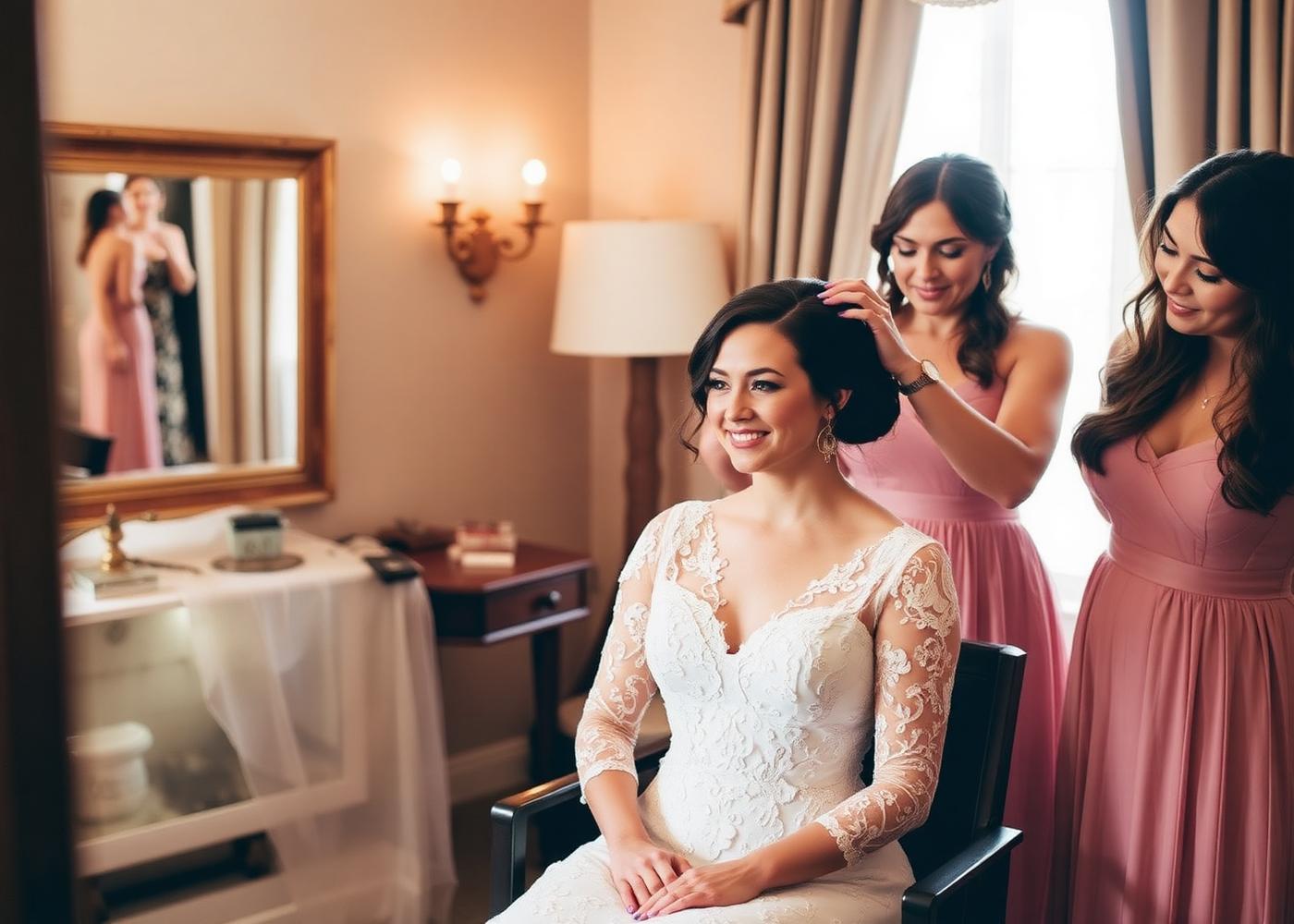 Bride and bridal party getting hair styled